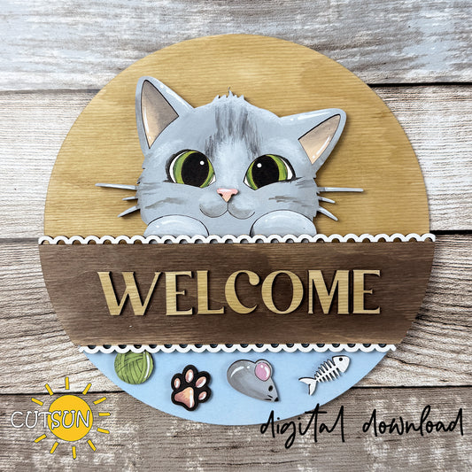 Interchangeable round sign cat SVG insert featuring a peeking gray cat with green eyes, layered farmhouse details, paw print accents, yarn ball, mouse, and fish bone decorations.
