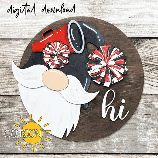 Cheerleader gnome round door hanger with pom-poms and megaphone – layered laser cut SVG design.