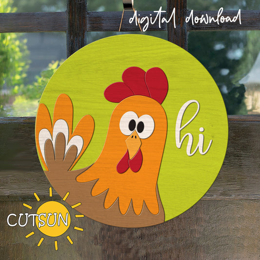 Circular sign with a cartoon rooster and 'hi' text on a green background, with 'CUTSUN' logo.