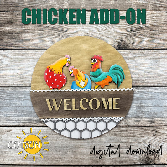 Chicken family interchangeable round sign add-on with hen, chick and rooster farmhouse design
