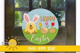 Cute chicken wearing a hat with bunny ears, tulips on the background and the words Happy easter - svg digital download