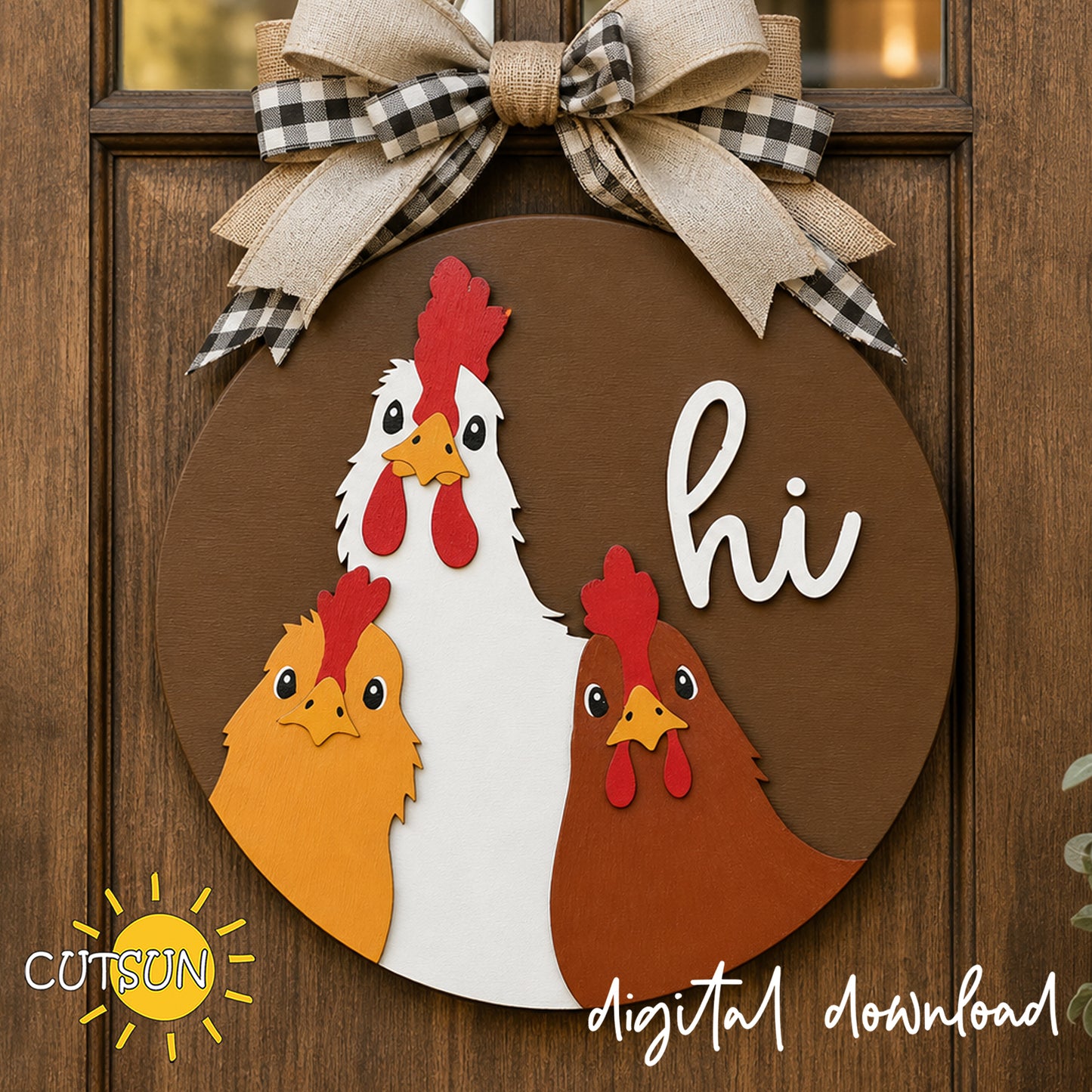Three Chickens “Hi” Door Sign SVG – Funny Farmhouse Round Sign Laser Cut File