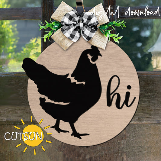 Wooden door hanger with chicken silhouette and 'hi' text, featuring a bow and greenery.