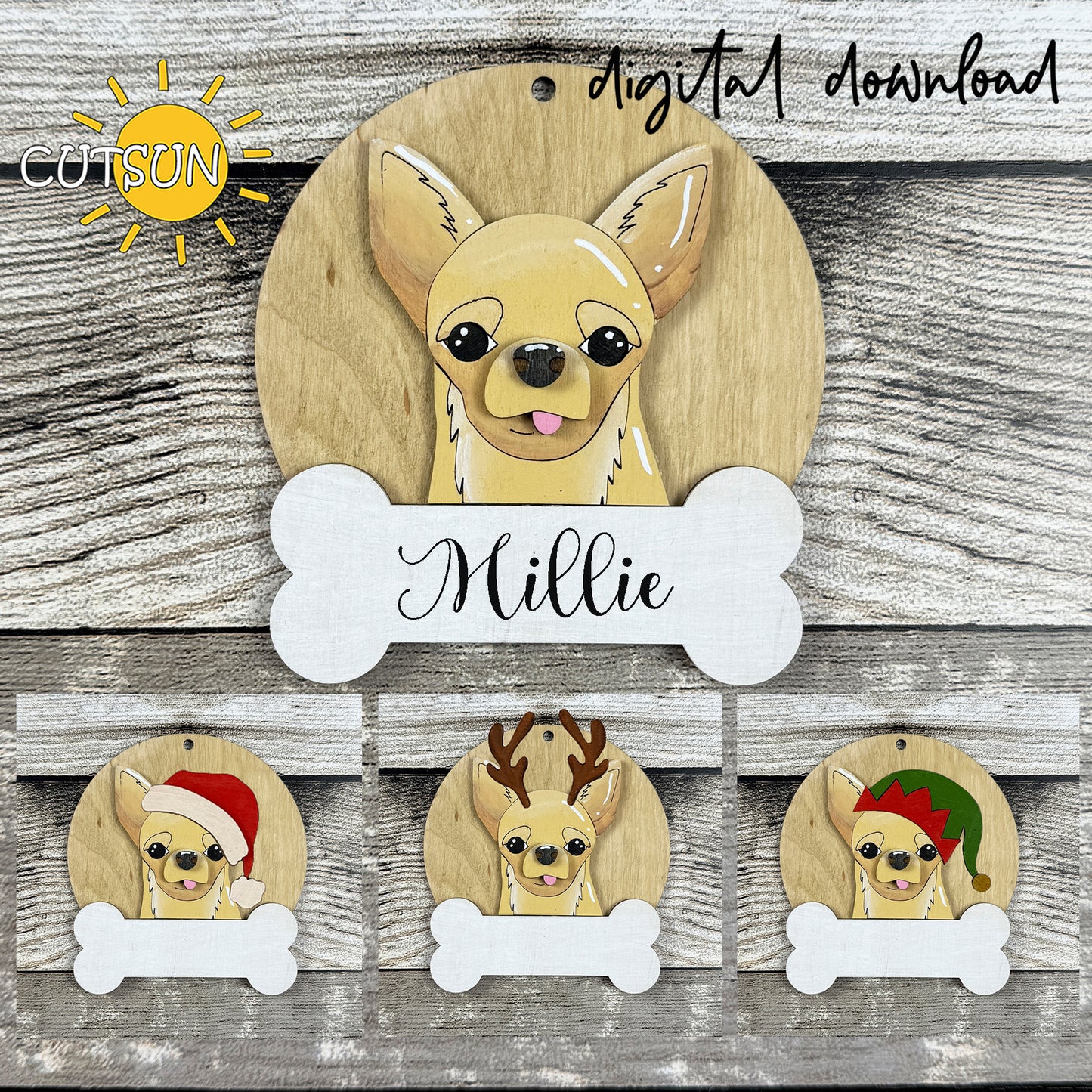 Layered Chihuahua ornament SVG with customizable bone nameplate and festive hat options for laser cutters.