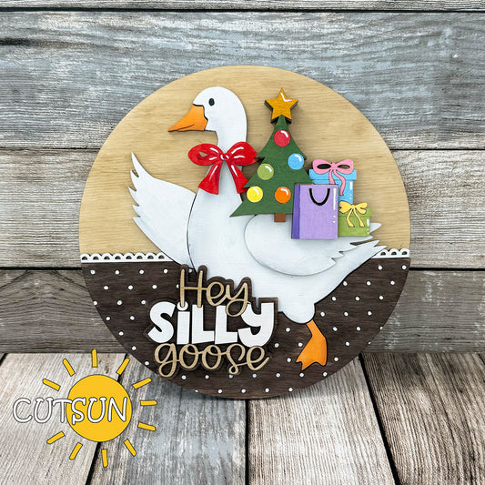 Laser cut Christmas add-on for goose door hanger with tree, gifts, and bow – digital SVG file