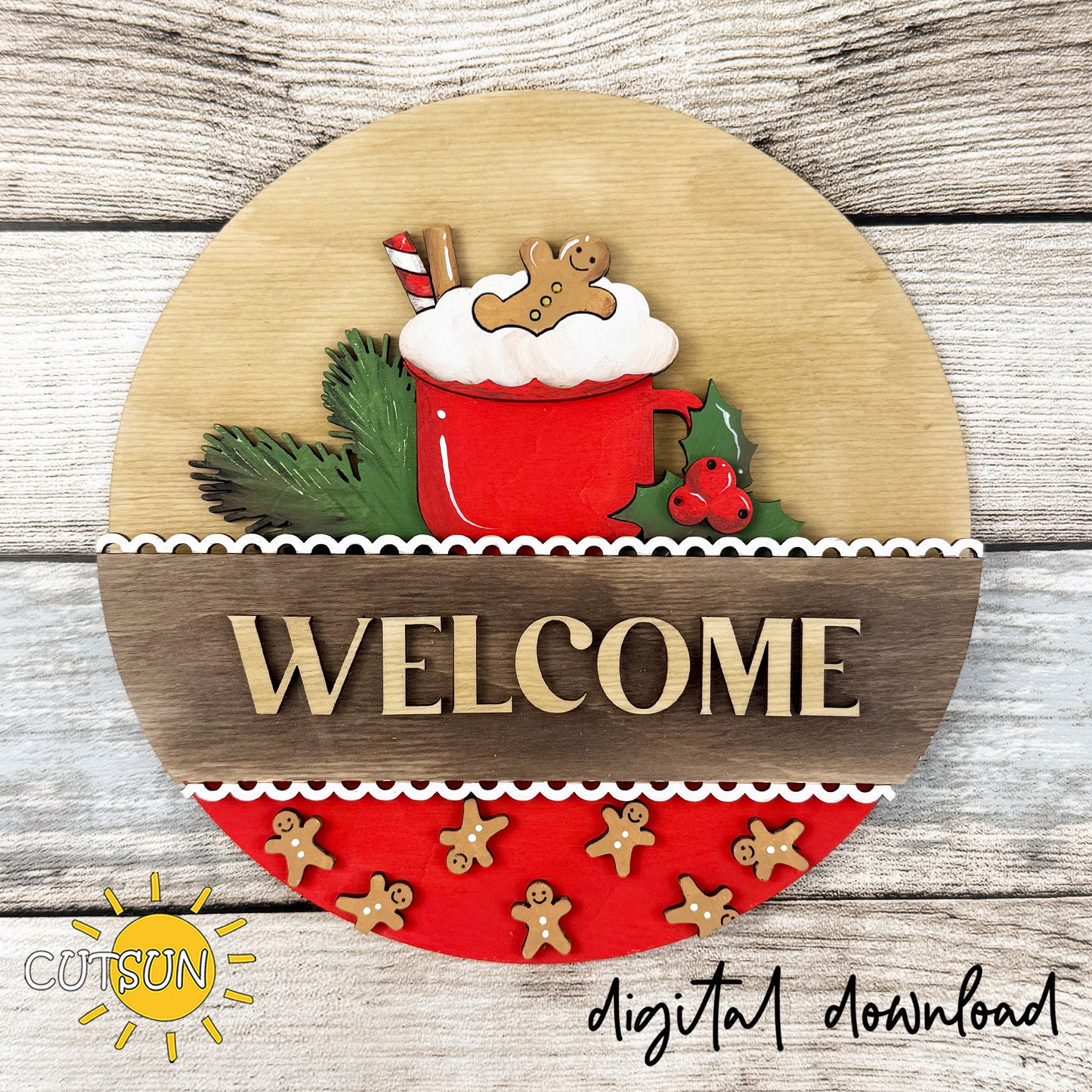 Christmas cocoa interchangeable round door sign add-on with hot cocoa mug, gingerbread cookie, candy cane, holly and evergreen branches.