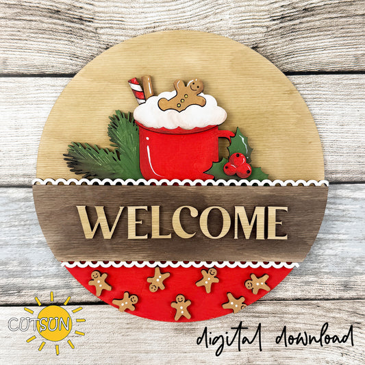 Christmas cocoa interchangeable round door sign add-on with hot cocoa mug, gingerbread cookie, candy cane, holly and evergreen branches.