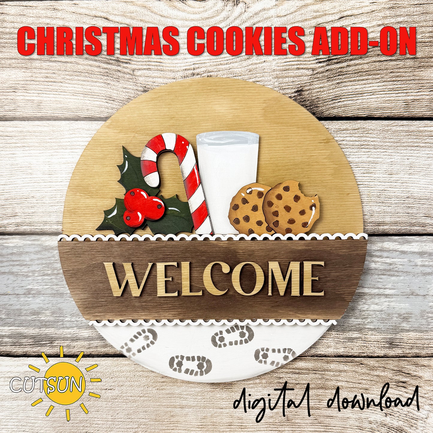 Christmas Cookies SVG insert for Interchangeable Round Sign featuring milk, candy cane, holly, chocolate chip cookies and Santa footprints layered laser cut file.