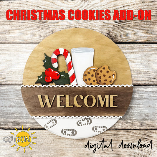 Christmas Cookies SVG insert for Interchangeable Round Sign featuring milk, candy cane, holly, chocolate chip cookies and Santa footprints layered laser cut file.