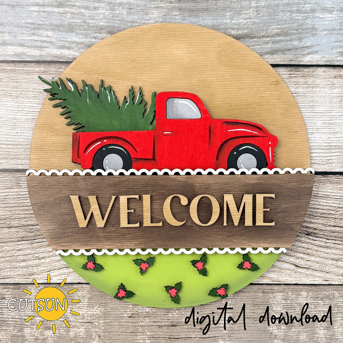 Christmas Truck Add-On for Interchangeable Round Sign SVG | Vintage Red Pickup Laser Cut File