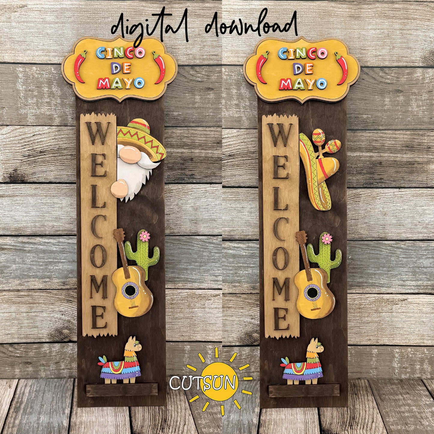 Cinco de Mayo interchangeable vertical porch leaner add-on laser cut file with sombrero gnome, maracas, cactus, guitar, chili peppers, and llama.
