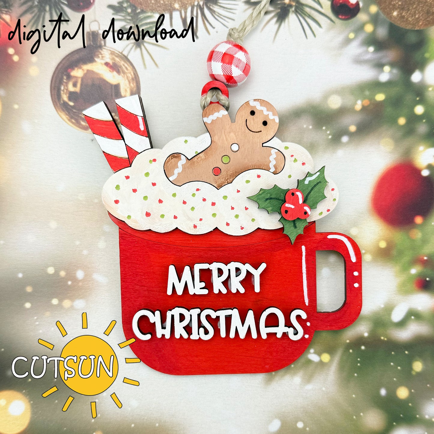 Christmas Cocoa Mug Ornament SVG – Gingerbread & Candy Cane Laser Cut File