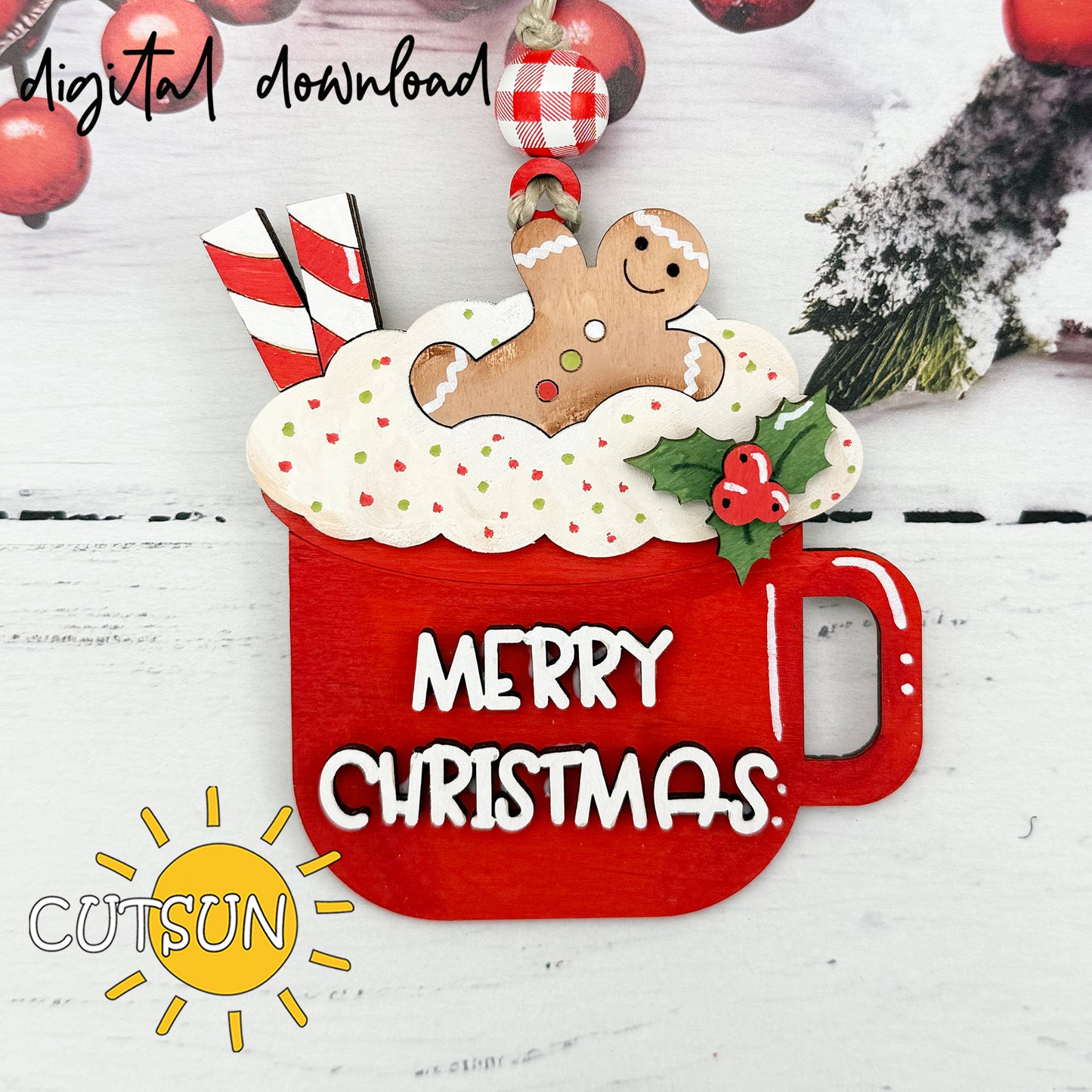 Christmas Cocoa Mug Ornament SVG – Gingerbread & Candy Cane Laser Cut File
