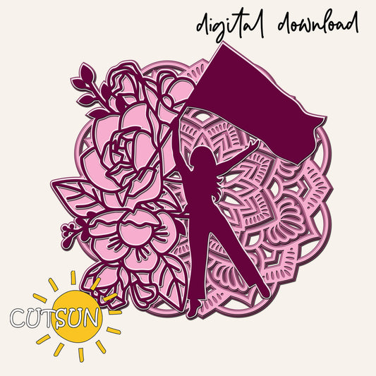 Digital download for a decorative piece featuring a color guard girl with a flag on a floral and mandala background