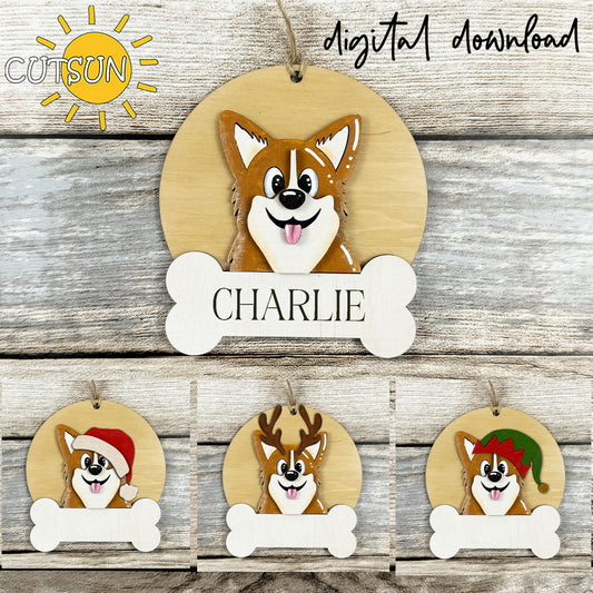 Corgi Christmas ornament bundle with four layered laser cut dog designs and blank bone nameplates for adding a pet’s name.