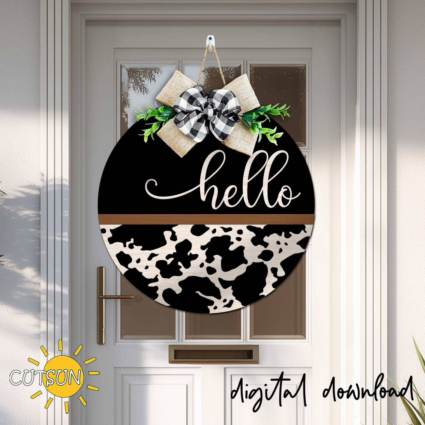 Hello Cow Print Door Hanger SVG | Round Western Welcome Sign Laser Cut File | Cricut SVG