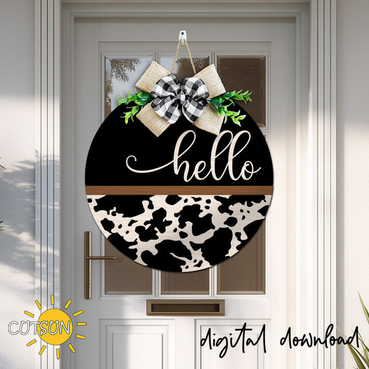 Hello Cow Print Door Hanger SVG | Round Western Welcome Sign Laser Cut File | Cricut SVG