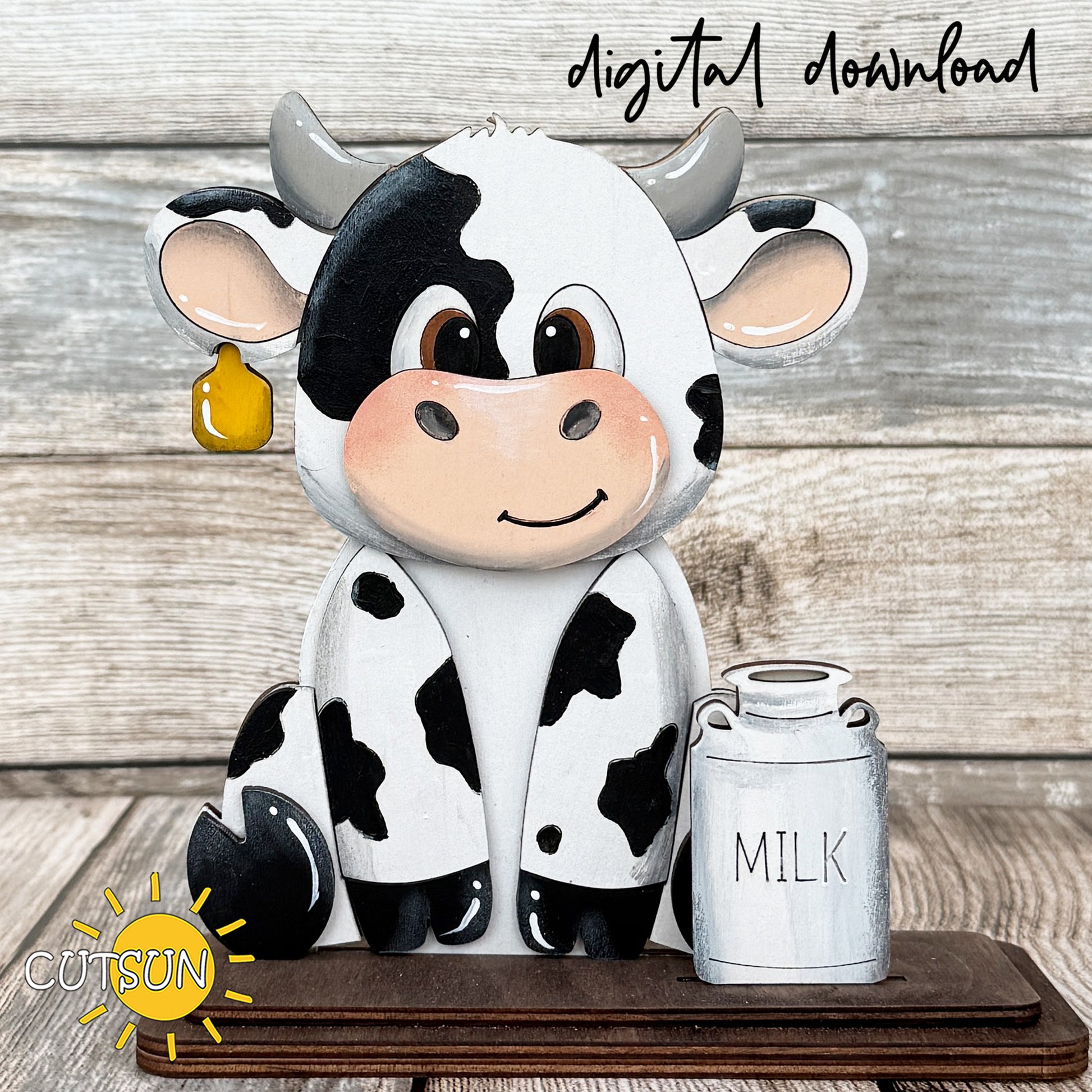 Layered wooden dairy cow shelf sitter with farmhouse style design, laser cut file with interchangeable add-on compatibility
