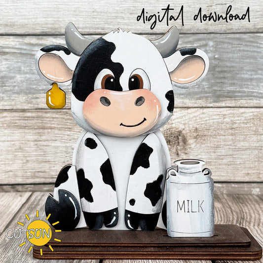 Layered wooden dairy cow shelf sitter with farmhouse style design, laser cut file with interchangeable add-on compatibility