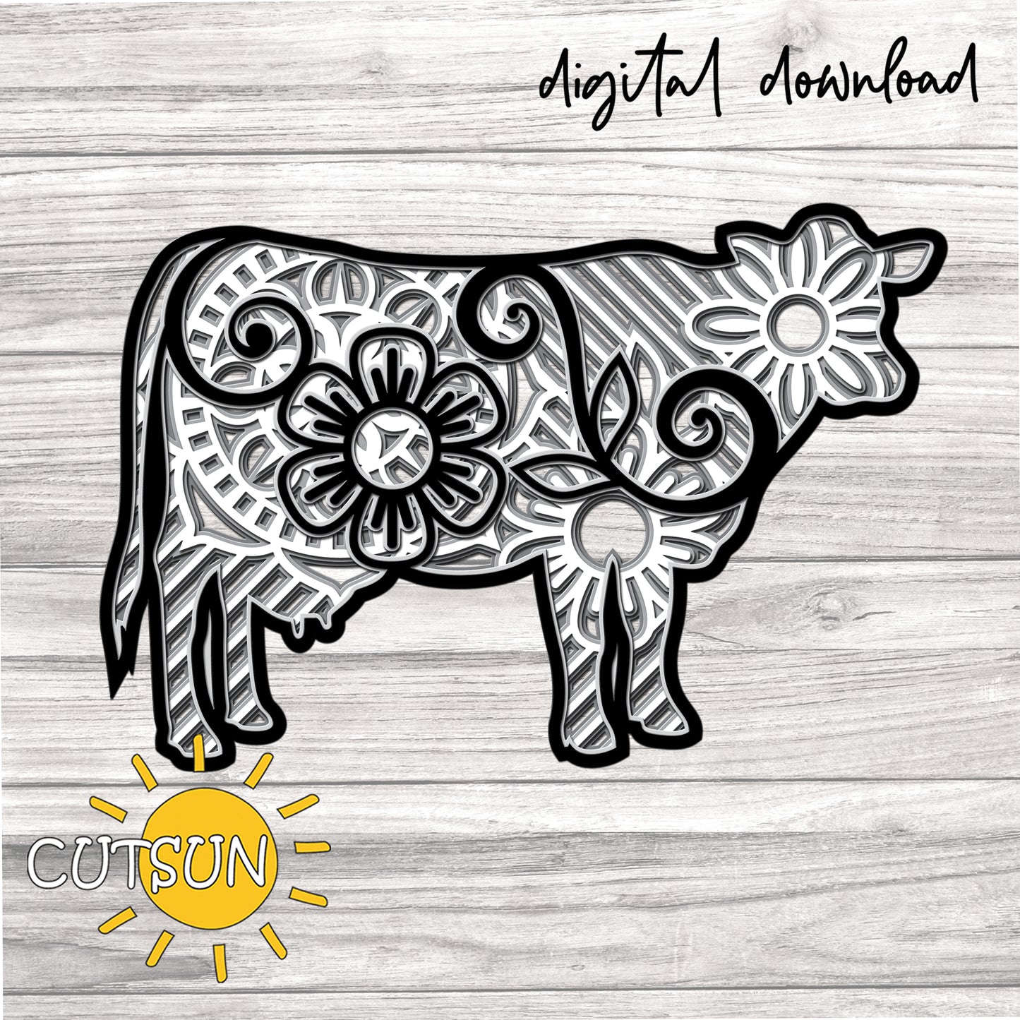 Digital download featuring a layered design of a cow silhouette with mandala and floral elements.