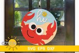 SVG digital download featuring a cute crab peeking from the bottom left side of the round saying hi