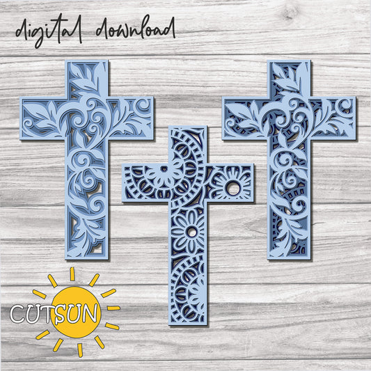 Decorative cross designs on a wooden background with 'CUTSUN' logo.