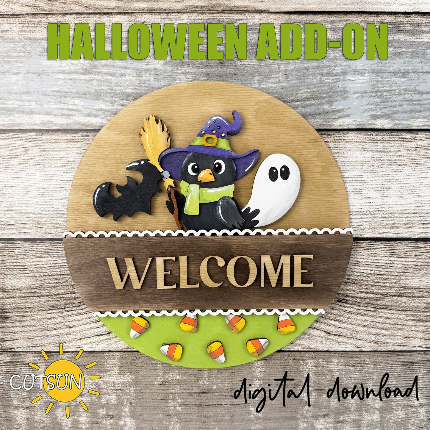 Halloween Crow SVG Insert for Interchangeable Round Sign – Witch Crow Door Hanger Laser Cut File