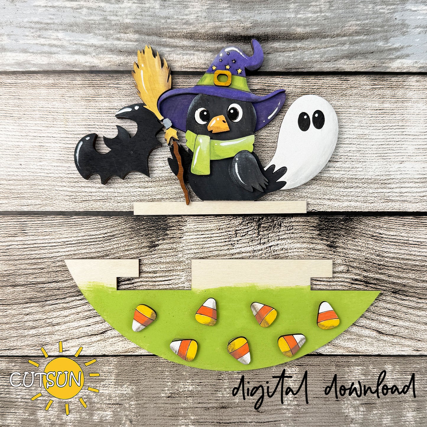 Halloween Crow SVG Insert for Interchangeable Round Sign – Witch Crow Door Hanger Laser Cut File