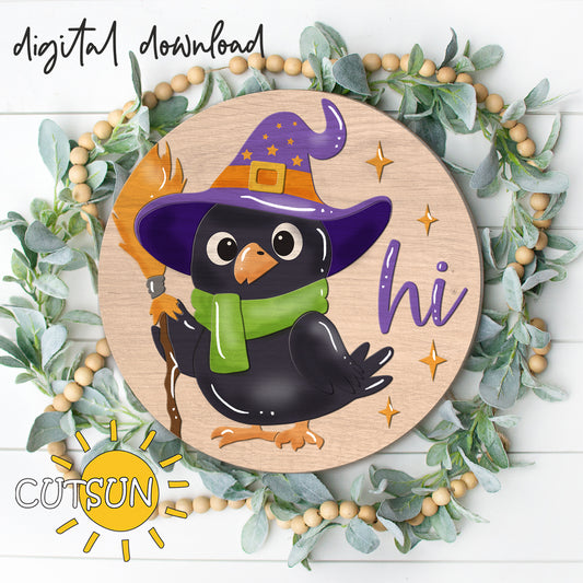 Halloween Crow Round Sign SVG – Witch Crow Laser Cut File for Fall Door Hanger & Seasonal Décor
