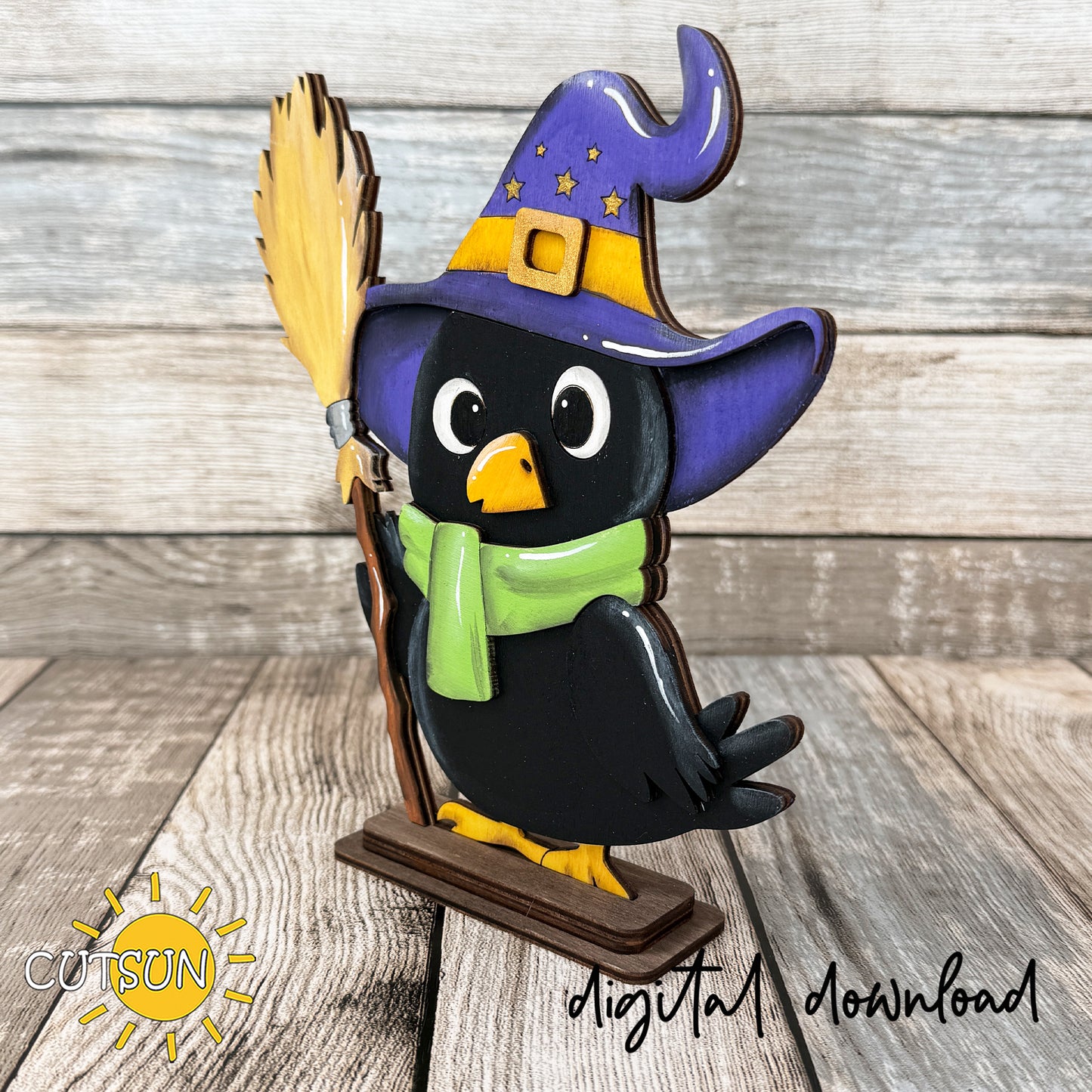 Witch Crow Shelf Sitter SVG | Halloween Crow Decor Laser Cut File | Layered Halloween Shelf Sitter | Digital Download