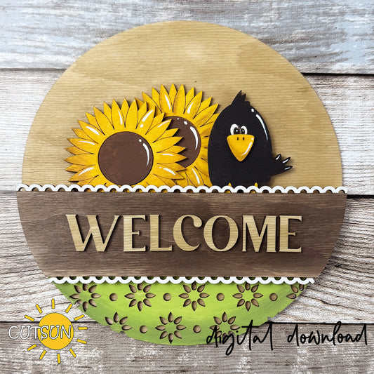 Interchangeable round sign sunflower SVG insert featuring a cute black crow sitting beside layered sunflowers in rustic farmhouse style.