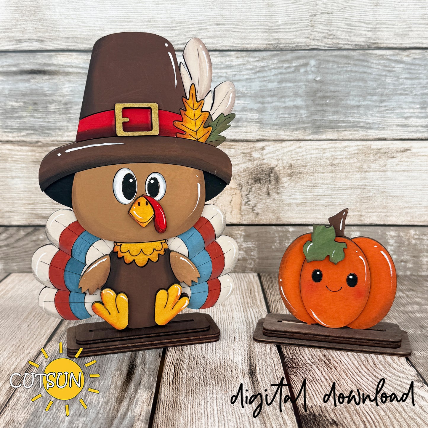 Cute layered turkey and smiling pumpkin Thanksgiving shelf sitters made from painted wood using laser cut SVG files.