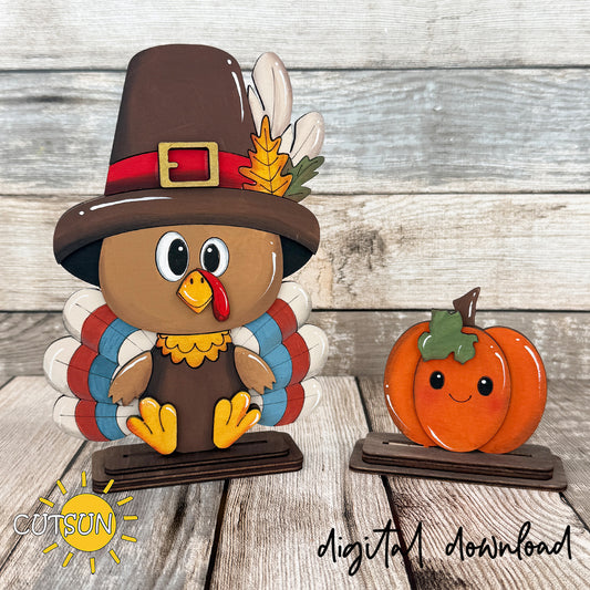 Cute layered turkey and smiling pumpkin Thanksgiving shelf sitters made from painted wood using laser cut SVG files.