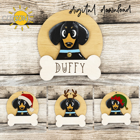 Layered Dachshund Christmas ornament SVG with customizable bone nameplate and holiday accessories including Santa hat, antlers and elf hat.