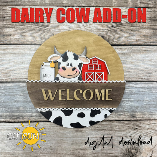 Dairy cow interchangeable round sign add-on with milk can and red barn layered laser cut file
