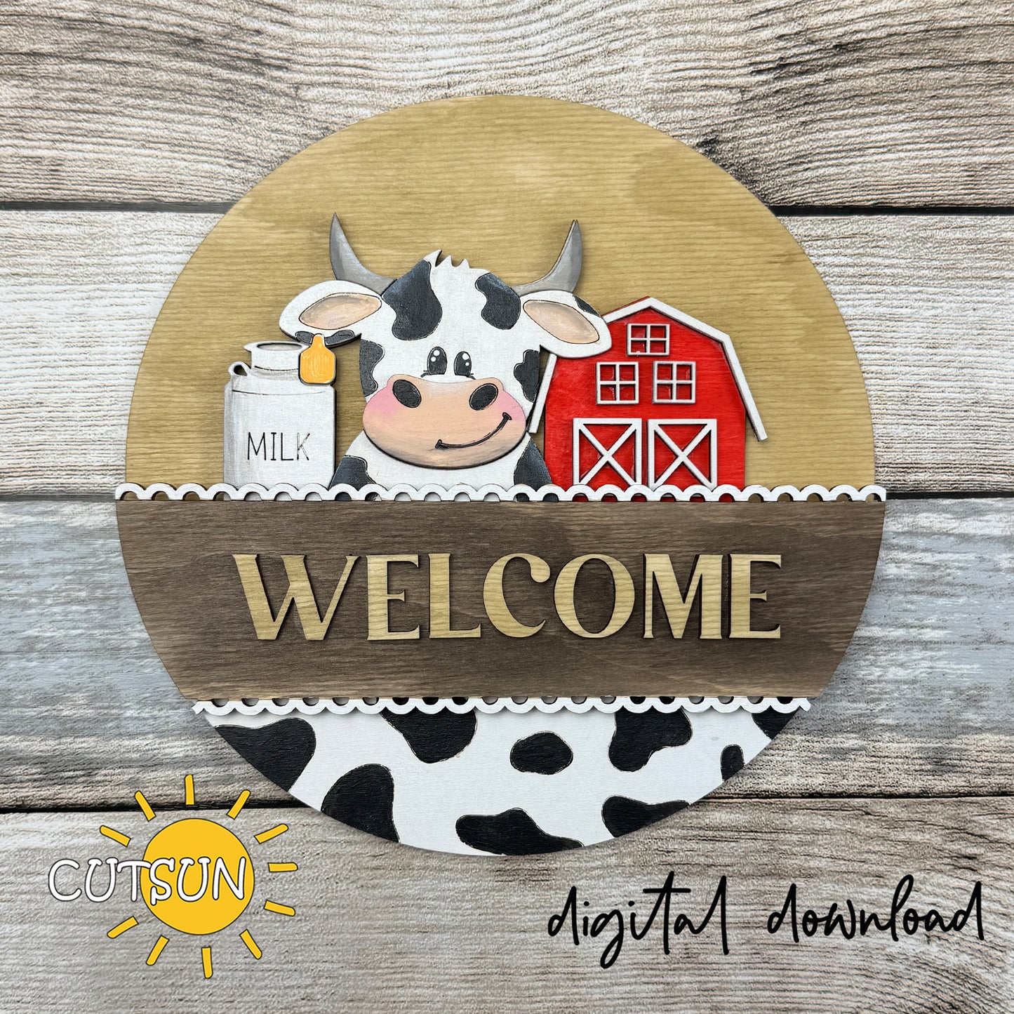Dairy Cow Farm Add-On SVG for Interchangeable Round Sign | Milk Barn Door Hanger Insert Laser Cut File