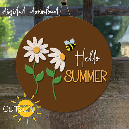 Hello summer door hanger svg Daisies and bee SVG Summer welcome sign Glowforge svg laser cut file