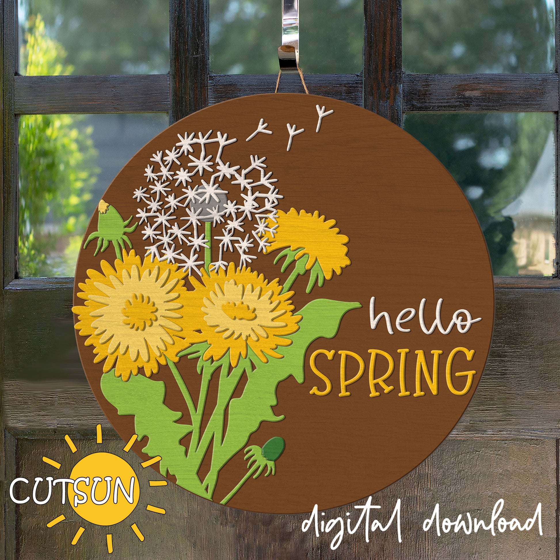 Decorative sign with dandelion flowers and 'hello SPRING' text on a wooden background
