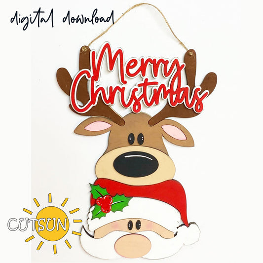 Digital download for a Christmas door hanger featuring a cute reindeer, Santa and the text Merry Christmas