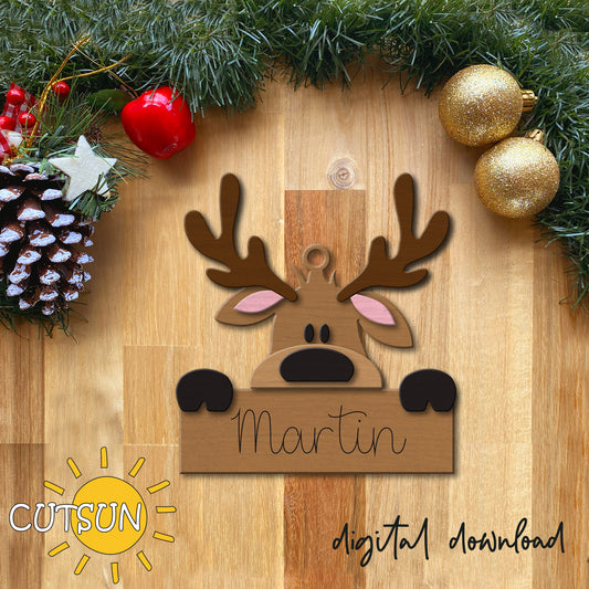 Wooden reindeer decoration with 'Martin' on a wooden surface surrounded by Christmas decorations.