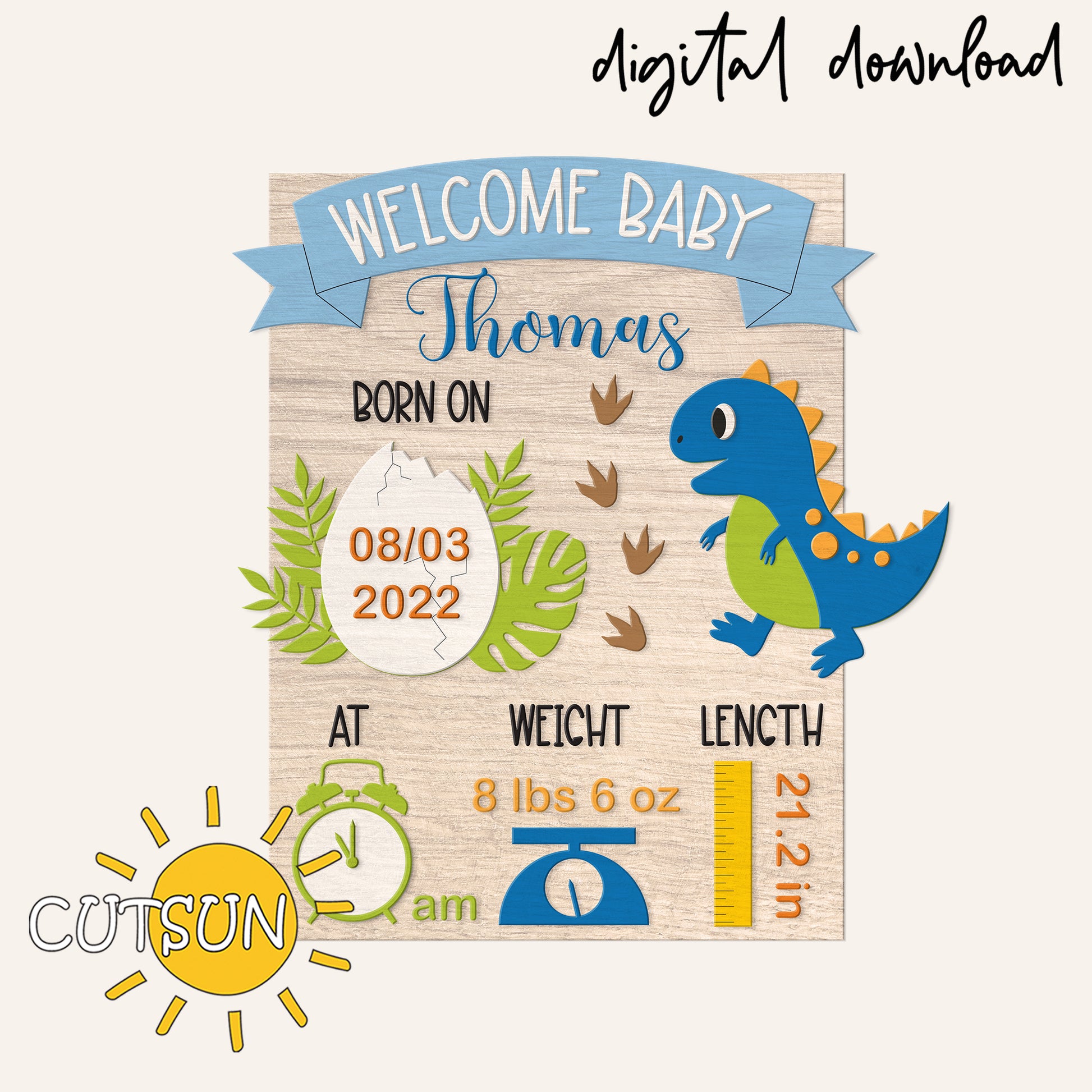 Digital download of a baby birth announcement card with dinosaur design, featuring text and graphics.