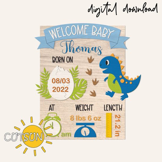 Digital download of a baby birth announcement card with dinosaur design, featuring text and graphics.