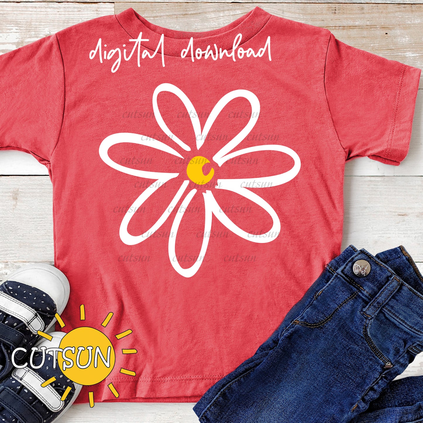Red t-shirt with a white flower graphic, paired with jeans and sneakers on a wooden surface, featuring 'CUTSUN' logo.