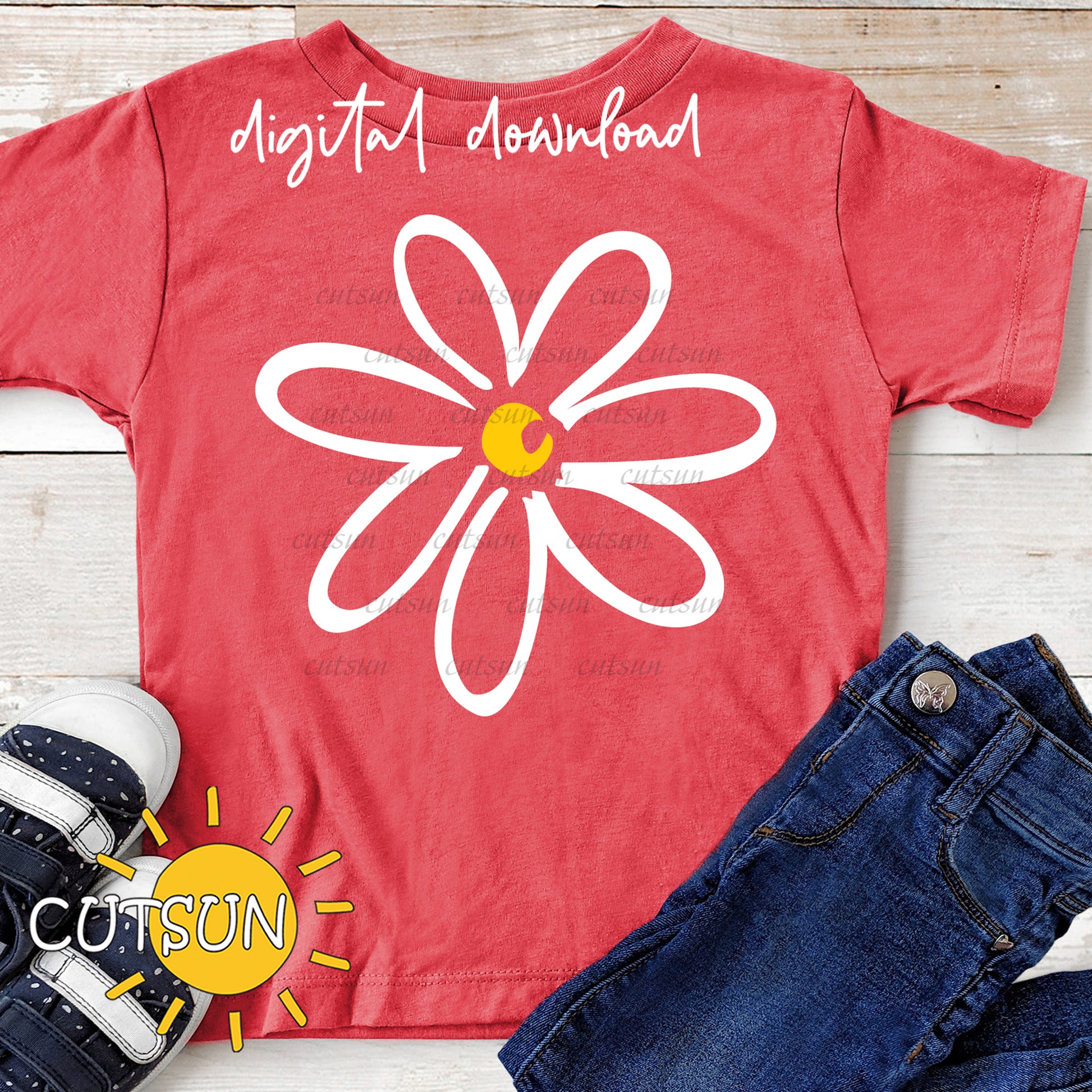 Red t-shirt with a white flower graphic, paired with jeans and sneakers on a wooden surface, featuring 'CUTSUN' logo.