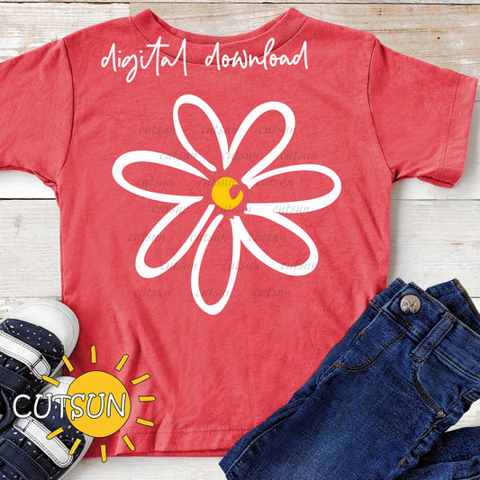 Red t-shirt with a white flower graphic, paired with jeans and sneakers on a wooden surface, featuring 'CUTSUN' logo.