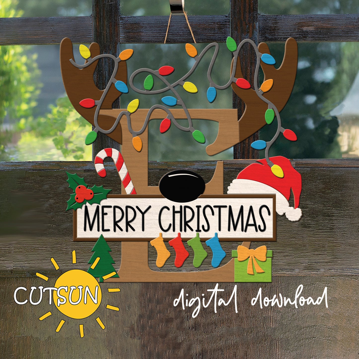 Laser cut Christmas door sign - monogram letter E with antlers, Christmas lights, candy cane, holly berry, a Christmas tree, a present, Santa hat and four stockings.