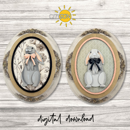 Interchangeable vintage oval frame Easter add-on showing two bunny portrait insert options and a floral engraving background, designed as a laser cut digital file set.