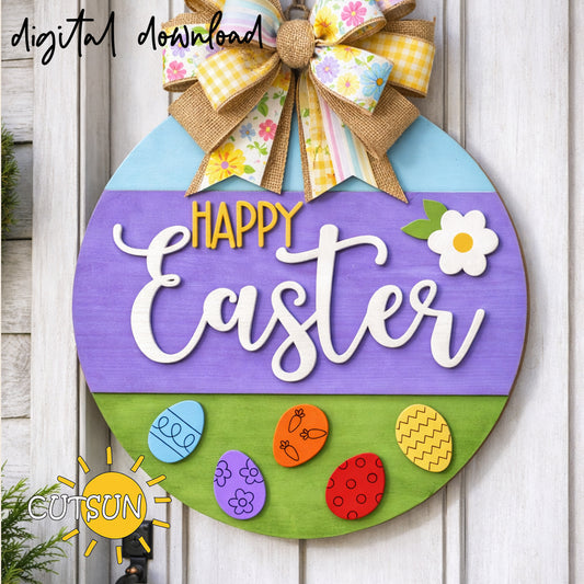 Layered Happy Easter round door hanger SVG laser cut file with pastel background and decorative Easter eggs.