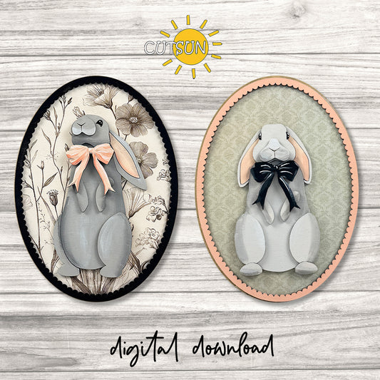 Interchangeable Vintage Oval Frame Easter Bunny Insert SVG, Bunny Portrait Decor Add-On + Floral Engraving Background PNG