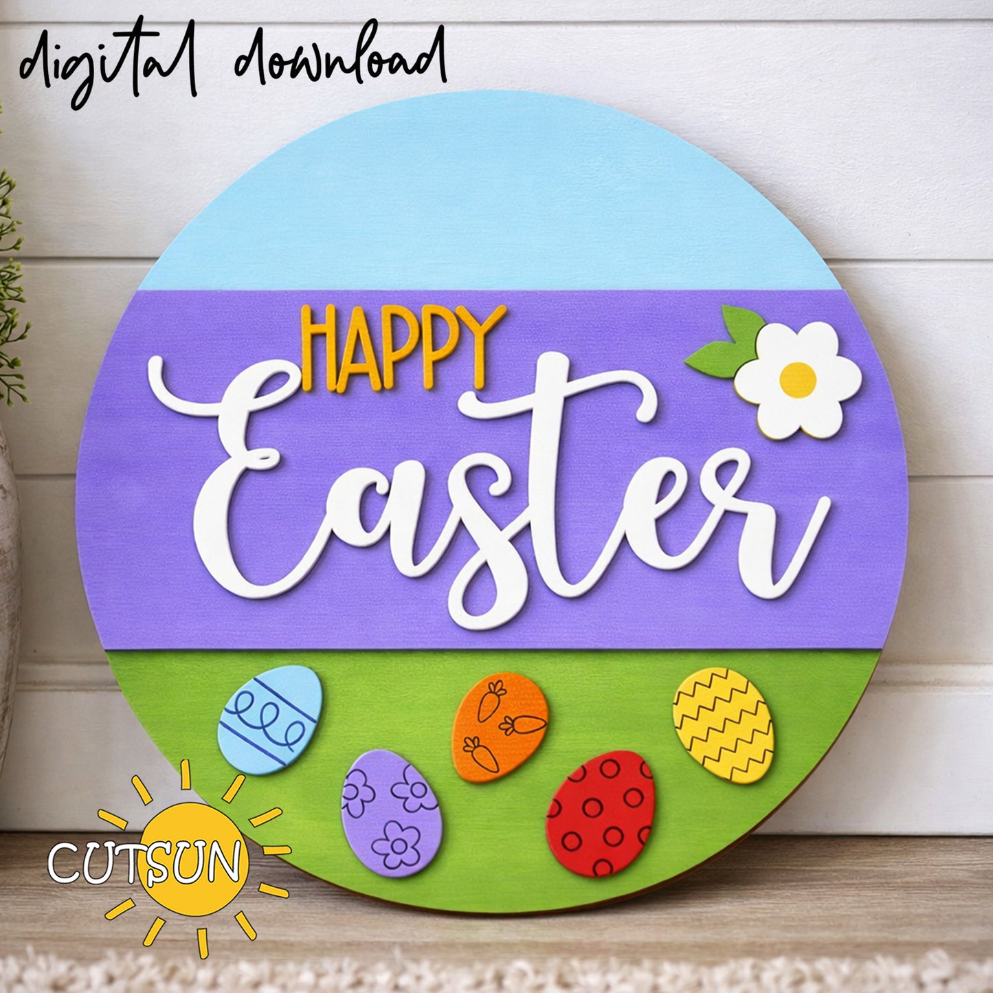 Happy Easter Door Hanger SVG | Layered Round Easter Sign | Laser Cut File for Spring Decor | Digital Download